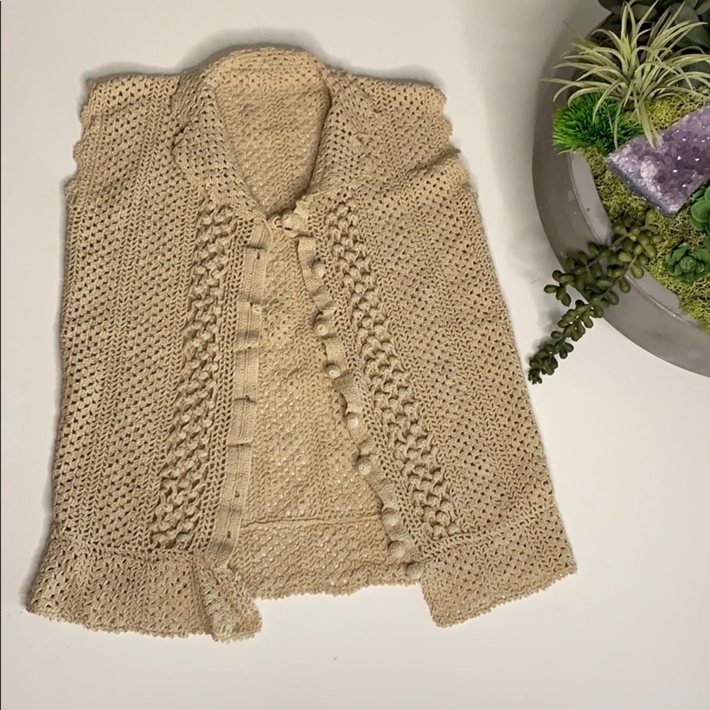 Little Girls Handmade Open Knot woven lace crochet vest cream